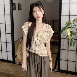 B831#学院风甜美镂空钩花V领无袖针织衫女夏季宽松马甲背心套头