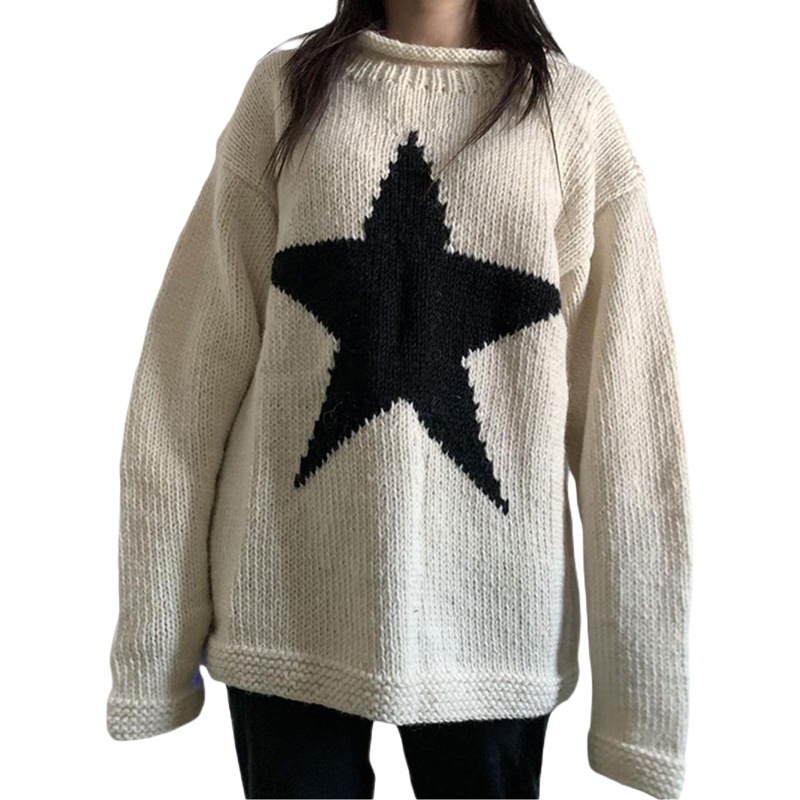 Estación independiente de Amazon Otoño e invierno europeo y americano suéter de color de contraste de estrella de cinco puntas femenino y2g cuello redondo suelto de punto superior femenino 806