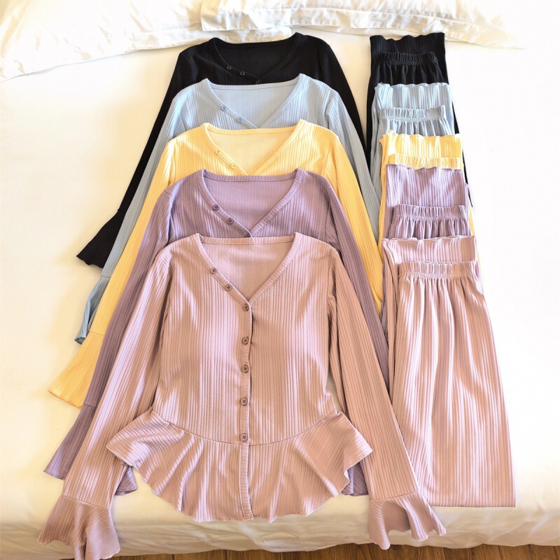 Pure Desire Style Cotton Pajamas with Chest Pads for Women, Spring, Autumn, and Winter Ballet Long-Sleeve Flared Pants Loungewear Two-Piece Set Thin Pure Desire Style Cotton Pajamas with Chest Pads for Women, Spring, Autumn, and Winter Ballet Long-Sleeve Flared Pants Loungewear Two-Piece Set Thin