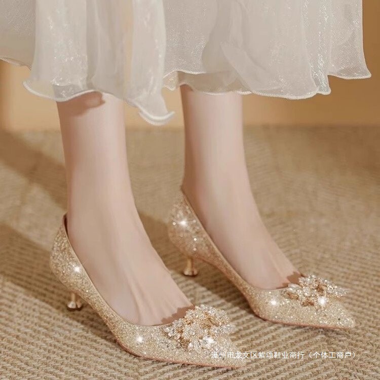 Crystal Wedding Shoes for Women 2026 New Style Xiuhe Main Wedding Dress Bride Shoes, Comfortable Champagne Color Wedding Stiletto High Heels