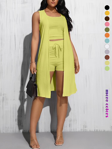 3 pieces Women's Casual Ribbed Set Crop Top + High Waisted