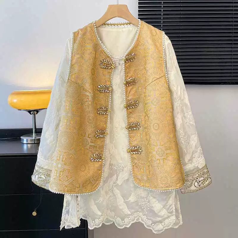 Реальная съемка нового китайского стиля тяжелой промышленности жаккардовая тарелка жилет улучшенный национальный стиль ретро вышивка с длинными рукавами