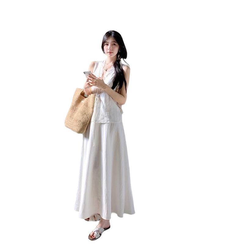 莱赛尔天丝系带蕾丝花边V领背心/半身长裙女夏清冷套装裙|undefined