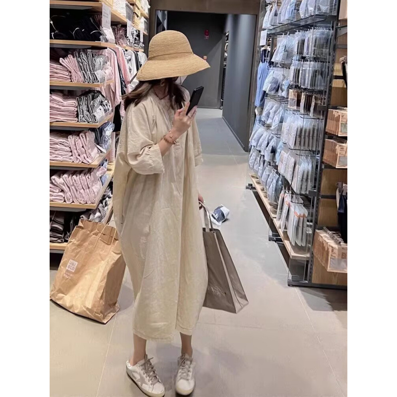 Wooden Buckle dress 2025 Summer New Japanese Literary Retro Loose Elegant High-end Design Long Dress for Women