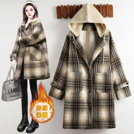 夹棉冬季呢子棉服中长款加绒加厚毛呢外套连帽宽松显瘦二棉外套女