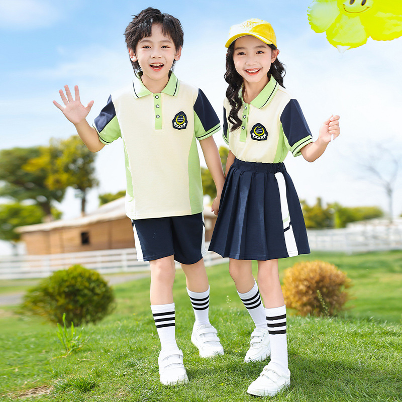 Summer school uniform for primary school students: short-sleeved shirts + long pants or skirts, pure cotton sets for children's sports wear