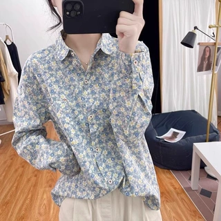 秋装新款长袖休闲印花女士衬衫清新文艺复古碎花上衣衬衣