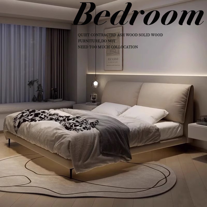 Cama de cuero con orejas de elefante, lujo ligero, dormitorio principal simple moderno, cama grande, cama de boda minimalista italiana, cama de cuero