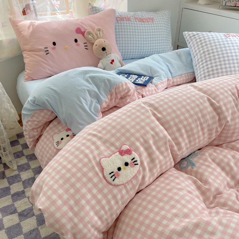 かわいいハローキティベッド4点セット ウォッシュドコットン掛け布団カバーシーツ 学生寮3点セット 0.9ベッド|undefined