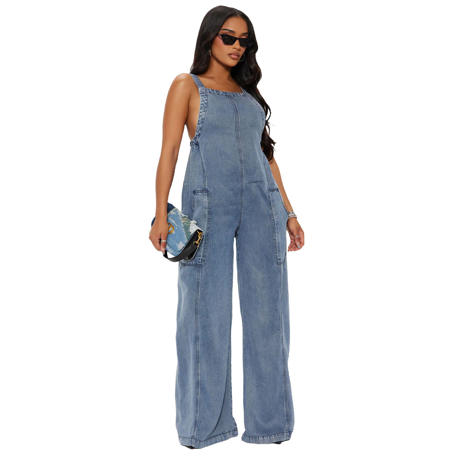 Dam denim jumpsuit med vida ben i amerikansk stil_voghion.com