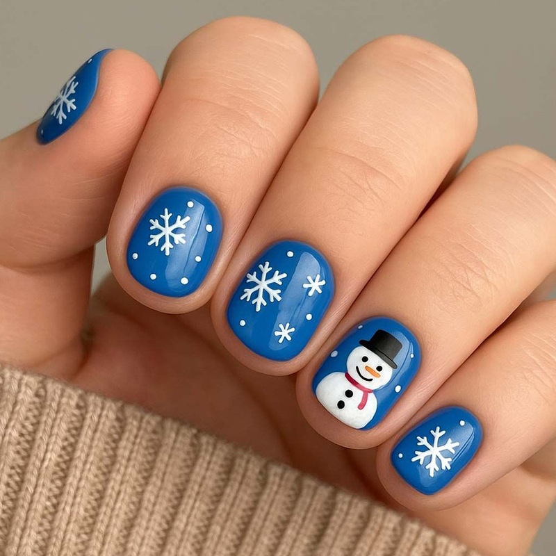 Cross-border winter short cute snowflake snowman blue press-on fake nails for Christmas foreign trade Cross-border winter short cute snowflake snowman blue press-on fake nails for Christmas foreign trade