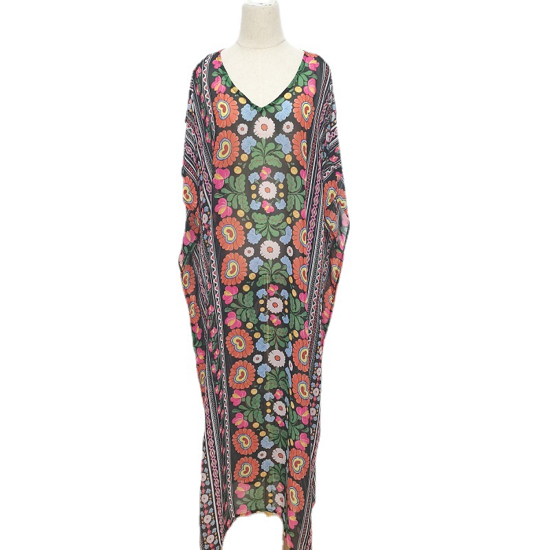 2022 nueva gasa impresa fuera del hombro playa vacaciones vestido bikini protección solar camisa traje de baño encubrimiento XF85