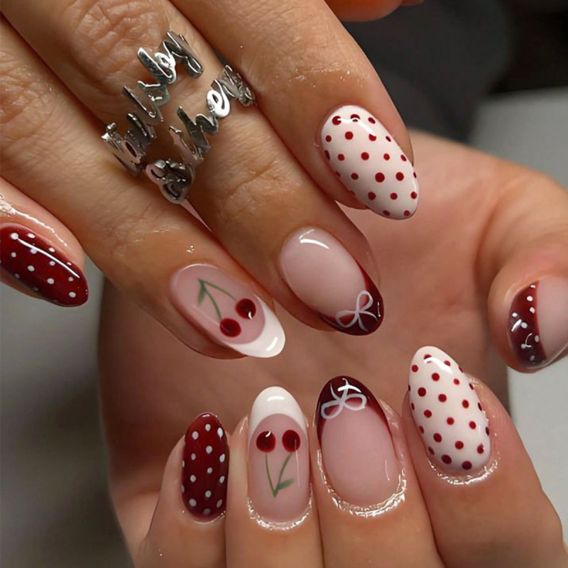 Cross-Border Hot-Selling Wearable Nails for Valentine's Day, Bridal Nail Pieces, Polka Dot Cherry French Almond-Shaped Retro Nail Art Wholesale Cross-Border Hot-Selling Wearable Nails for Valentine's Day, Bridal Nail Pieces, Polka Dot Cherry French Almond-Shaped Retro Nail Art Wholesale