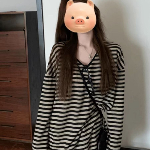 American Retro Color-Blocking Striped Sun Hat T-Shirt for Women - Summer Loose Casual Relaxed Sensation Top - Thin Model