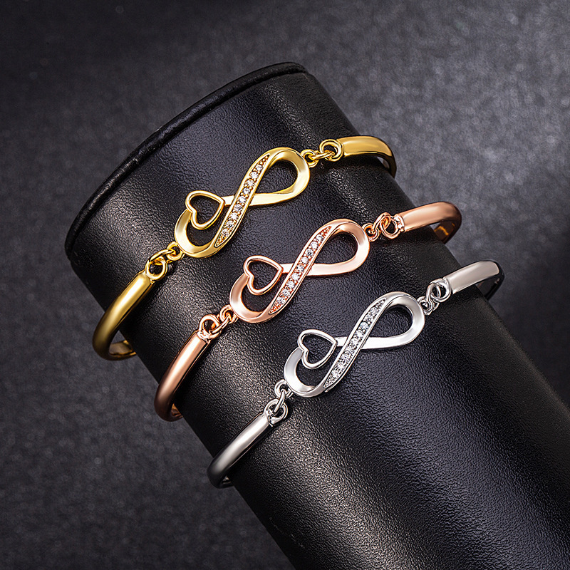 Korean and Japanese Style Diamond-Studded Rose Gold and Silver Heart Cross Figure-Eight Heart Engraved Bracelet for Women Trendy Fashion Bangle