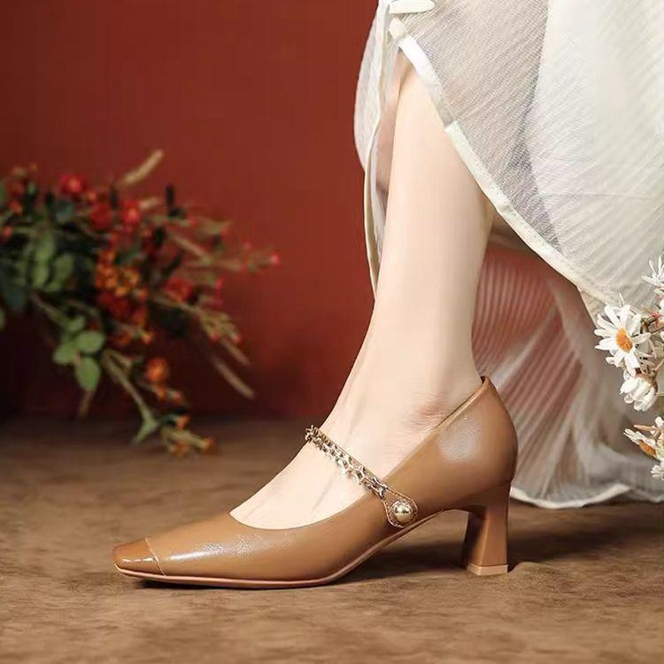 2025 Spring and Autum New Style French High Heels with Skirts Square Toe Buckle Retro Thick Heel Mary Jane Shoes for Women