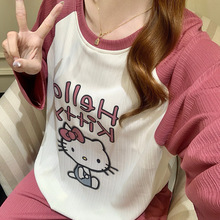 简约宽松睡衣女春秋长袖甜美可爱猫咪家居服套装学生可出门带胸垫