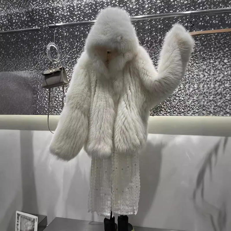 2025 Autumn/Winter Double-Sided Knitted Imported Fox Fur Hooded Bear Coat Mid-Length Fur Coat 2025 Autumn/Winter Double-Sided Knitted Imported Fox Fur Hooded Bear Coat Mid-Length Fur Coat