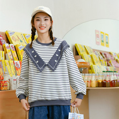 春季新款韓版外貿童裝愛心刺繡女童衛衣百搭花邊條紋中大童套頭衫