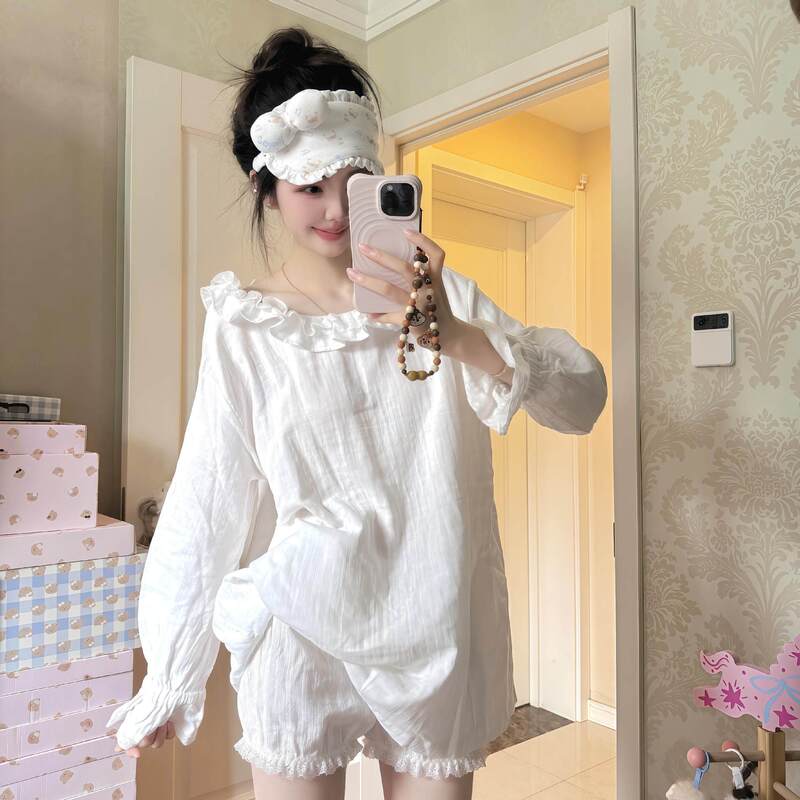 Girls' White Doll Collar Long-Sleeved Pajamas for Women Summer 2026 New Large Size Shorts Home Wear Set That Can Be Worn Outside
