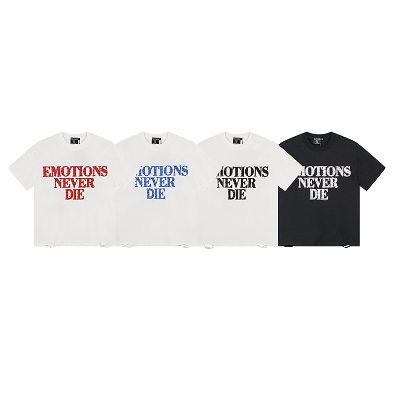 Cross-Border Mixed Emotion Letter Diamond Printed Short-Sleeved Loose Broken Copper Worn Out Craft Trendy Brand T-Shirt for Men