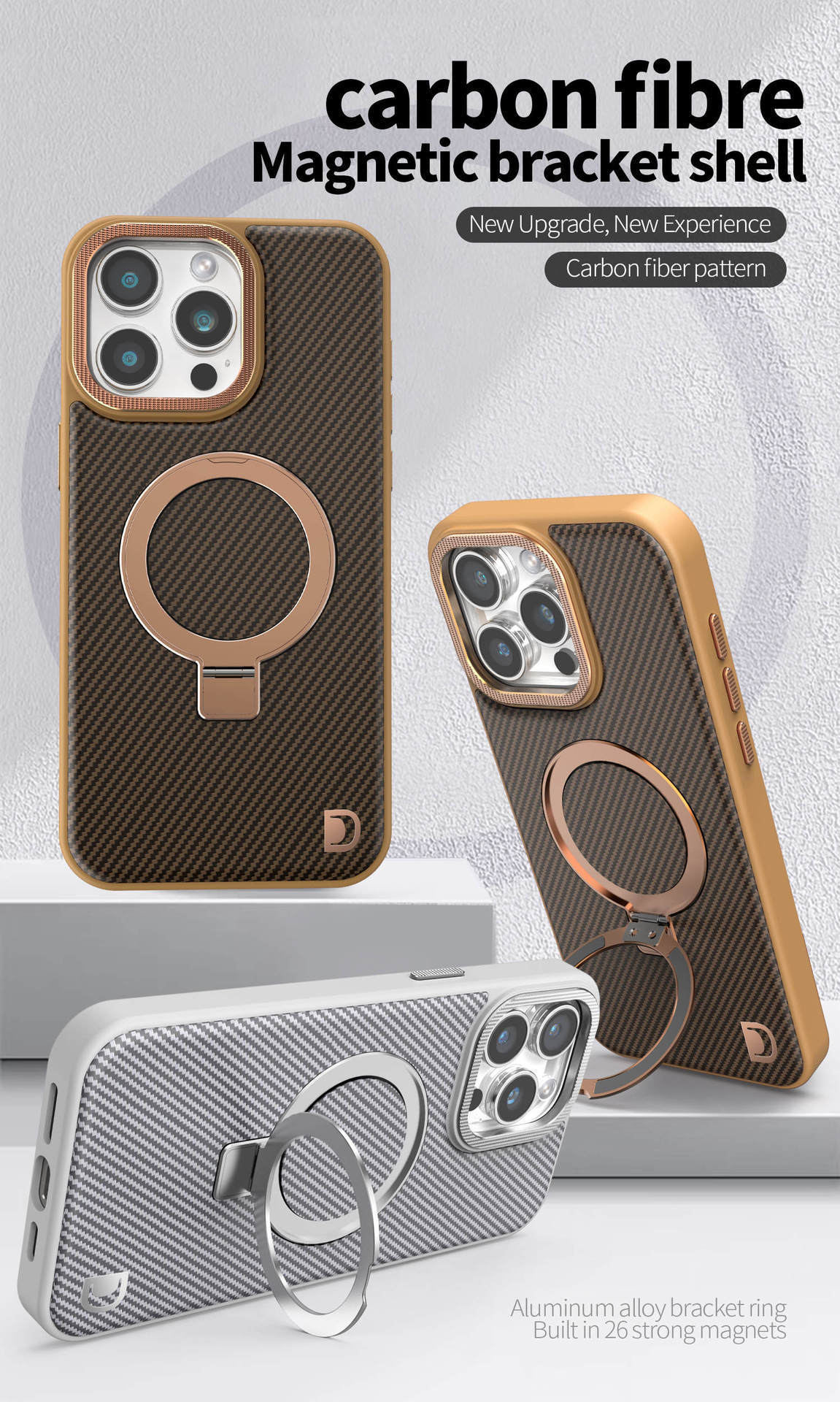 Ốp lưng iPhone 16 Pro Max từ tính vân sợi carbon, da mờ chống sốc — Màu đen, Vàng sa mạc, Màu xám chi tiết 1