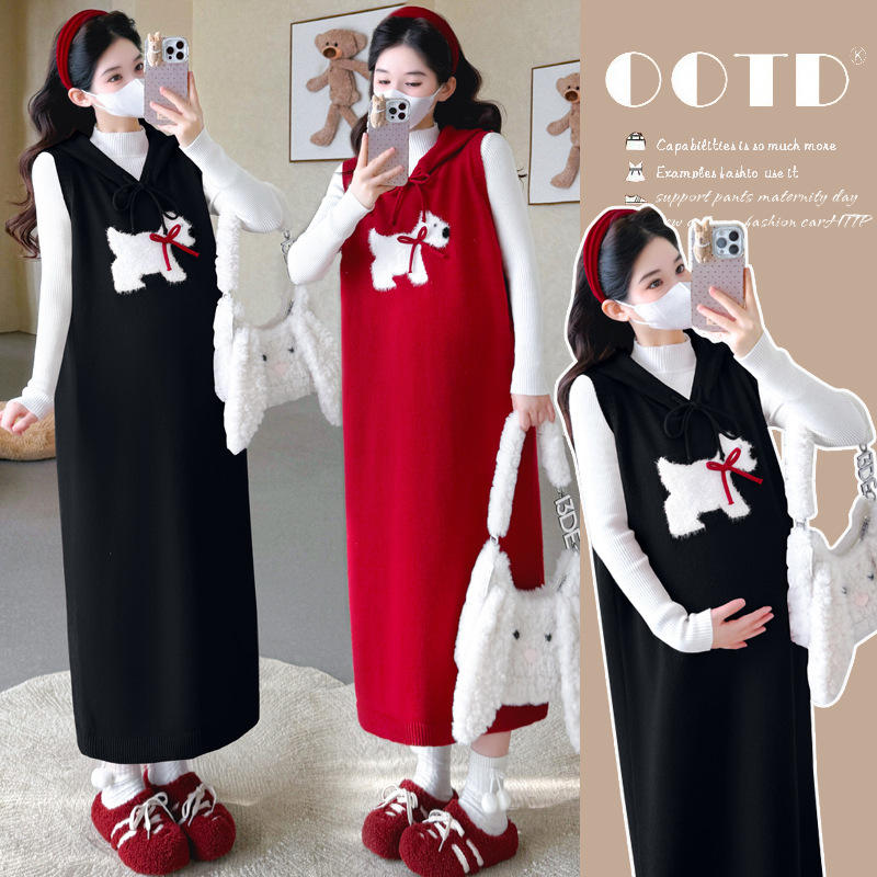 Maternity Two-Piece Set 2026 Winter New Fashion Christmas New Year's Eve Red Pony Hooded Vest Skirt Bottoming Suit