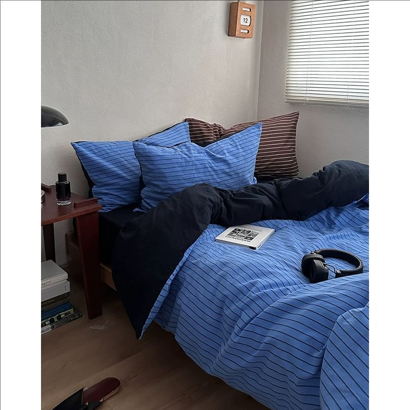 日系全棉色织四件套极简条纹纯棉床笠全棉复古中古风水洗棉4件套|undefined
