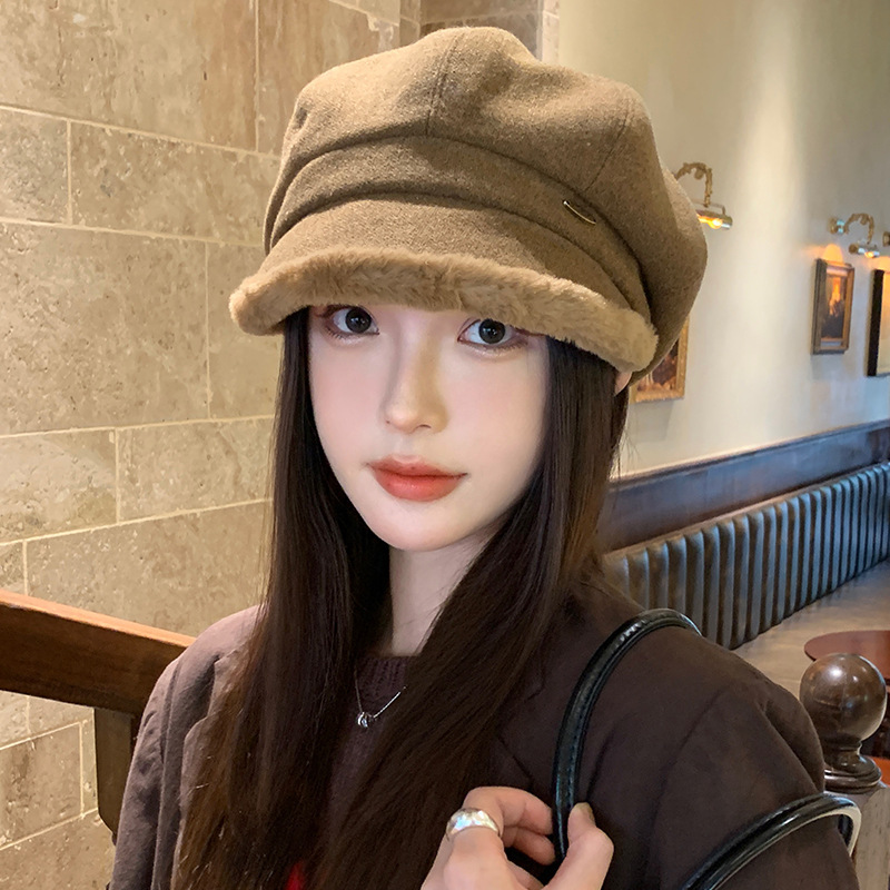 英伦风秋冬复古毛边八角帽女百搭显脸小贝雷帽韩版休闲保暖画家帽|undefined
