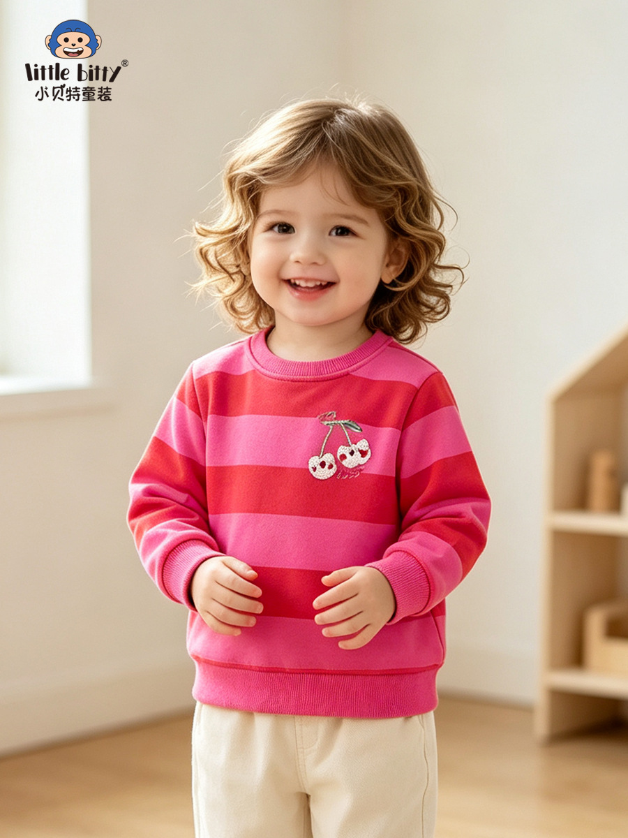 Girls' pink striped cherry bear embroidered round-neck sweatshirt, autumn and winter sweet outfit top for toddlers, in stock