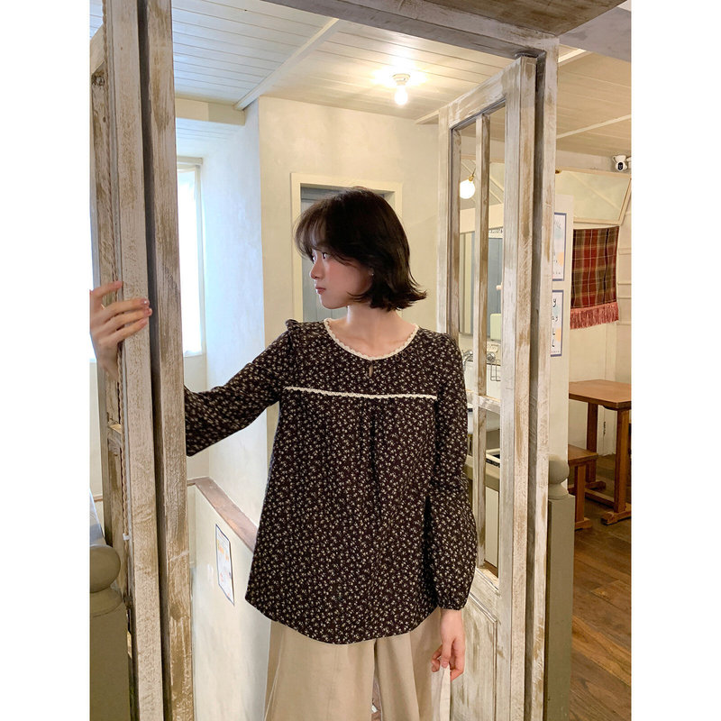 Vintage floral print! Lace round-neck loose long-sleeve shirt