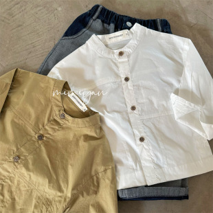 Children's shirt 2024 squinting autumn new boys and girls solid color round neck shirt baby Korean vintage shirt