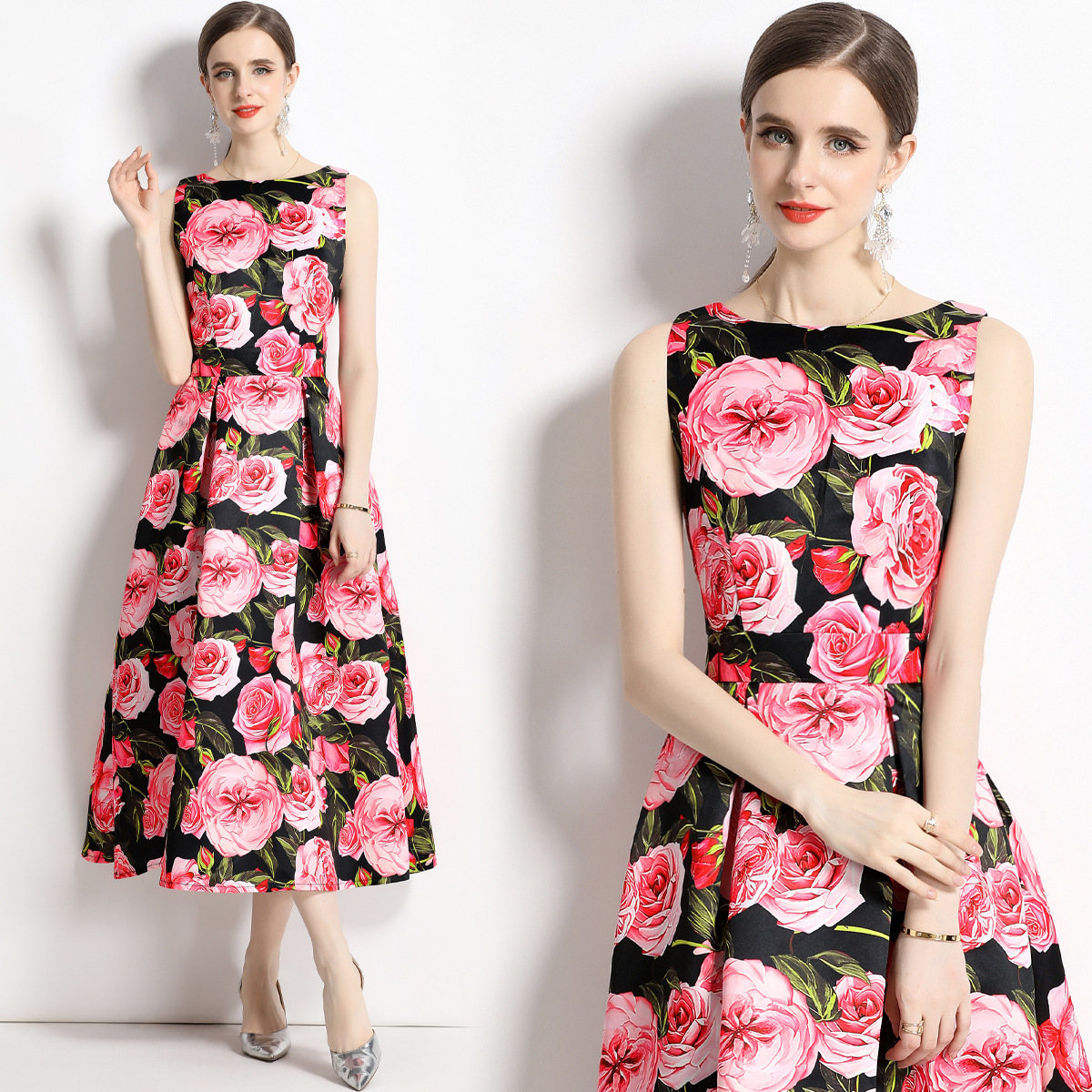 summer dress sleevless with a round collar