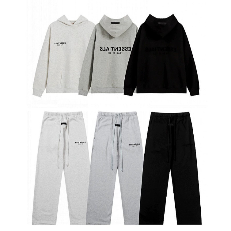 Essentials Season 8 Fog High Street Flocked Letter Couple Hoodie + Long Pants Short Sleeve Set Essentials Season 8 Fog High Street Flocked Letter Couple Hoodie + Long Pants Short Sleeve Set