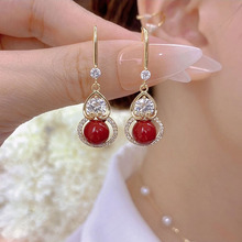 2024年新款中国风复古红色珍珠镶钻葫芦锆石耳环女高级感喜庆耳饰