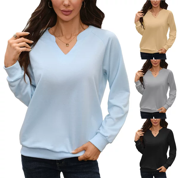 Amazon European and American Cross-Border Foreign Trade 2026 Autumn and Winter New Solid Color V-Neck Ribbed Splicing Loose Long-Sleeved Sweatshirt for Women