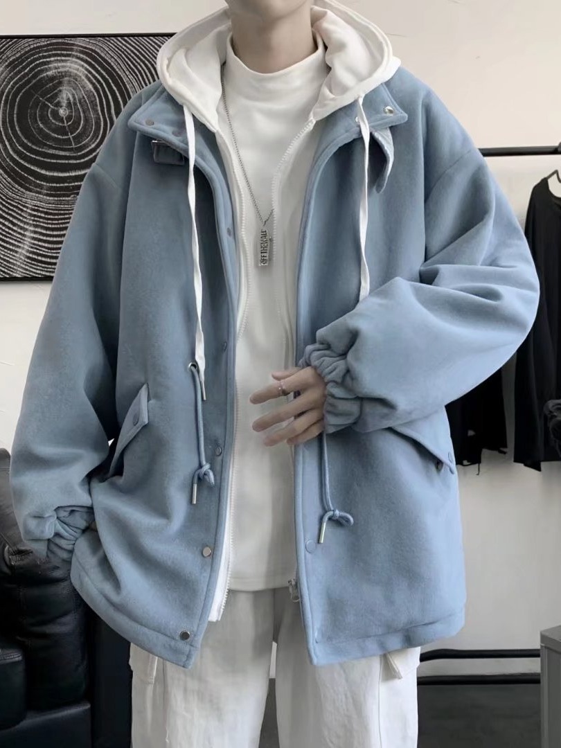 Oscuro ins moda marca High Street abrigo de lana de los hombres Otoño e Invierno estilo coreano moda suelta con capucha abrigo de lana