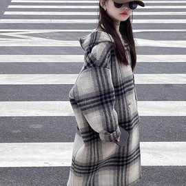 女童毛呢大衣2025年新款洋气儿童中长款时髦格子羊绒连帽防风外套