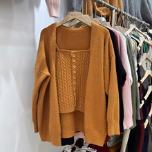 秋季韩系慵懒风麻花针织背心+v领宽松简约纯色开衫外套两件套装女