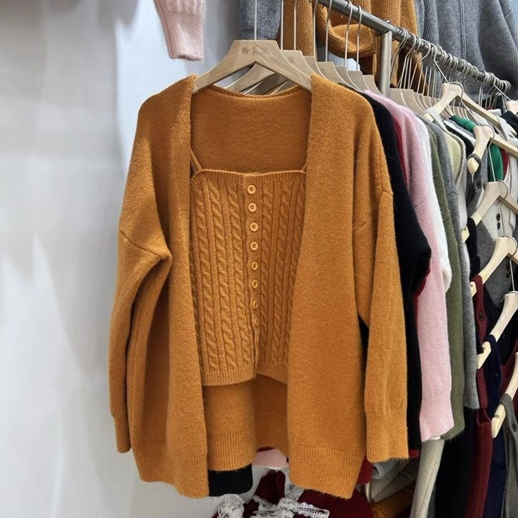 秋季韩系慵懒风麻花针织背心+v领宽松简约纯色开衫外套两件套装女