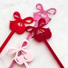 定制跨境蝴蝶结樱桃鸡尾酒搅拌棒情人节派对装饰派对用品酒吧配件