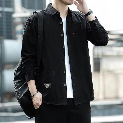 Japanese retro work-style crew neck shirt for men, long sleeve, Korean version, trendy loose pocket shirt, versatile casual outerwear for youth