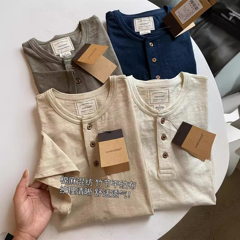 Foreign Maomao Single Bamboo Cotton + Linen Summer Men's Thin Breathable Pure Color Henry Collar Tough Guy Casual Short-Sleeved T-Shirt Foreign Maomao Single Bamboo Cotton + Linen Summer Men's Thin Breathable Pure Color Henry Collar Tough Guy Casual Short-Sleeved T-Shirt