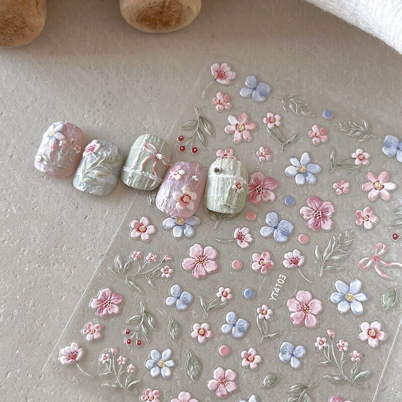 Cross-Border Sweet and Simple Fresh Nail Art Embossed Oil Painting Plaster Monet Garden Gentle Little Flower Nail Stickers