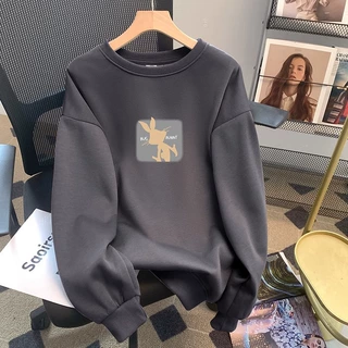 320克华棉复合 国潮美式复古兔子印花卫衣小个子春秋港味chic上衣