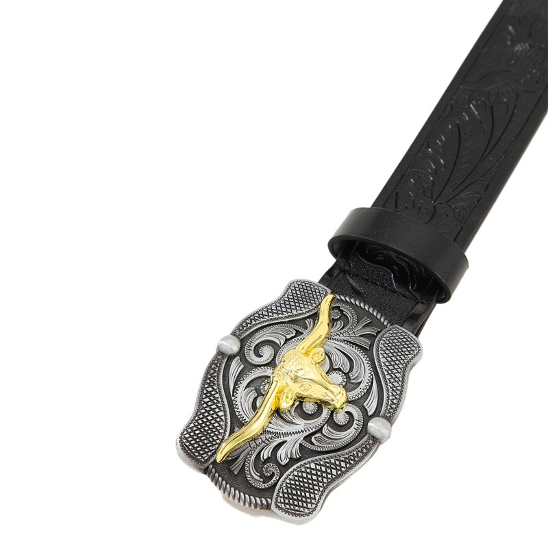 Cinturón de impresión masculina de alta gama occidental gran placa hebilla patrón Cabeza de Vaca retro cinturón durable relieve cinturón nacional viento