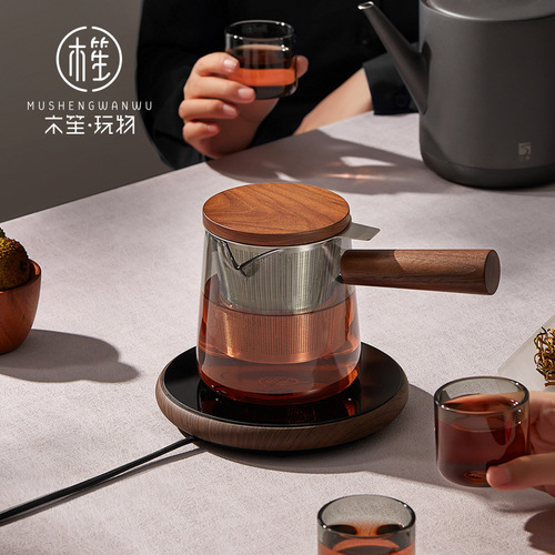 Wooden Sheng plaything side handle teapot glass single pot high temperature resistant wooden handle filter household teapot Kung Fu tea set