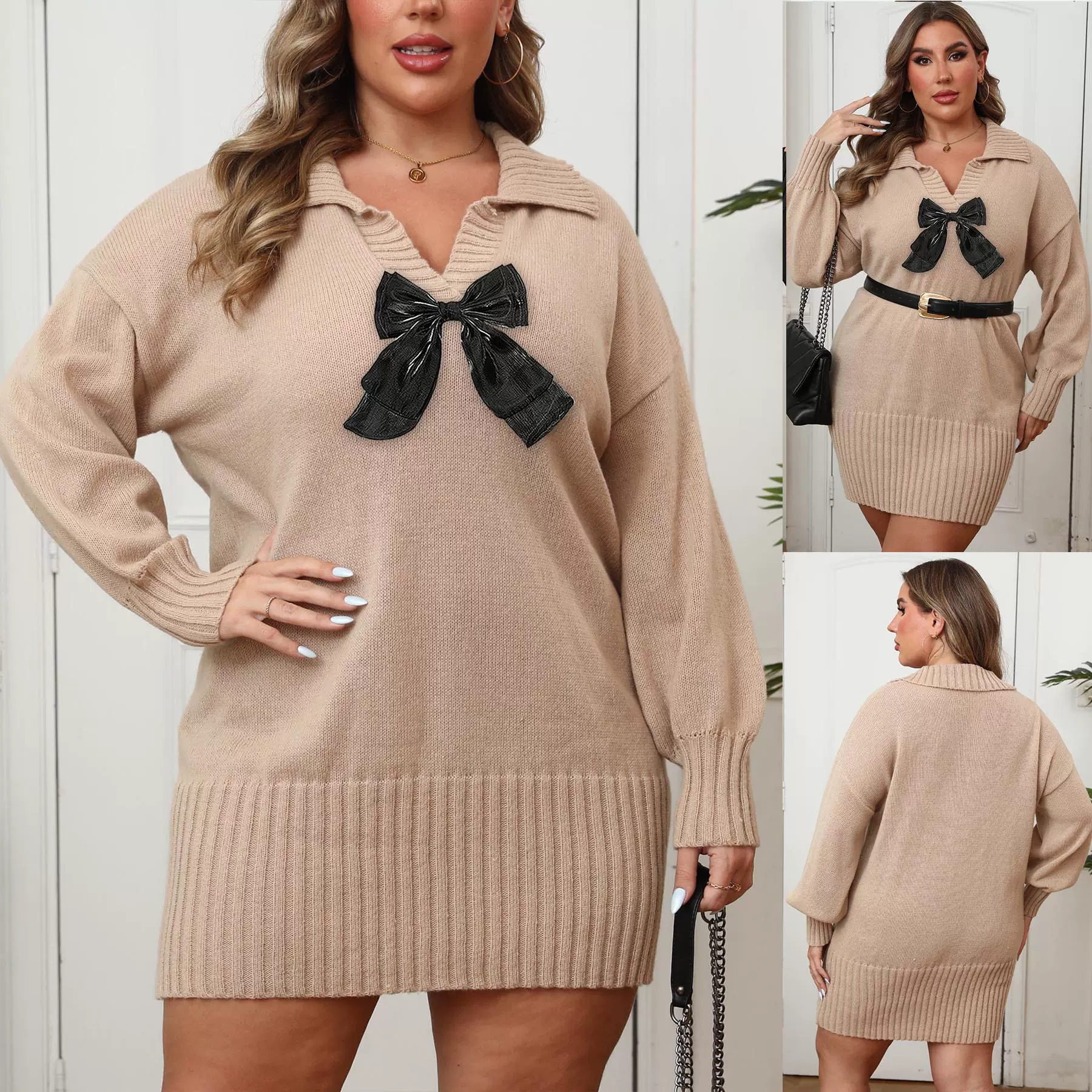 秋冬连衣裙跨境欧美大码女装polo领包臀裙丝带蝴蝶结拼接毛衣裙