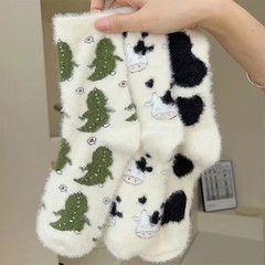 Cartoon Mink Fleece Socks for Girls, Autumn and Winter Thicken Warm Ground Socks Fluffy Postpartum Home Sleep Socks