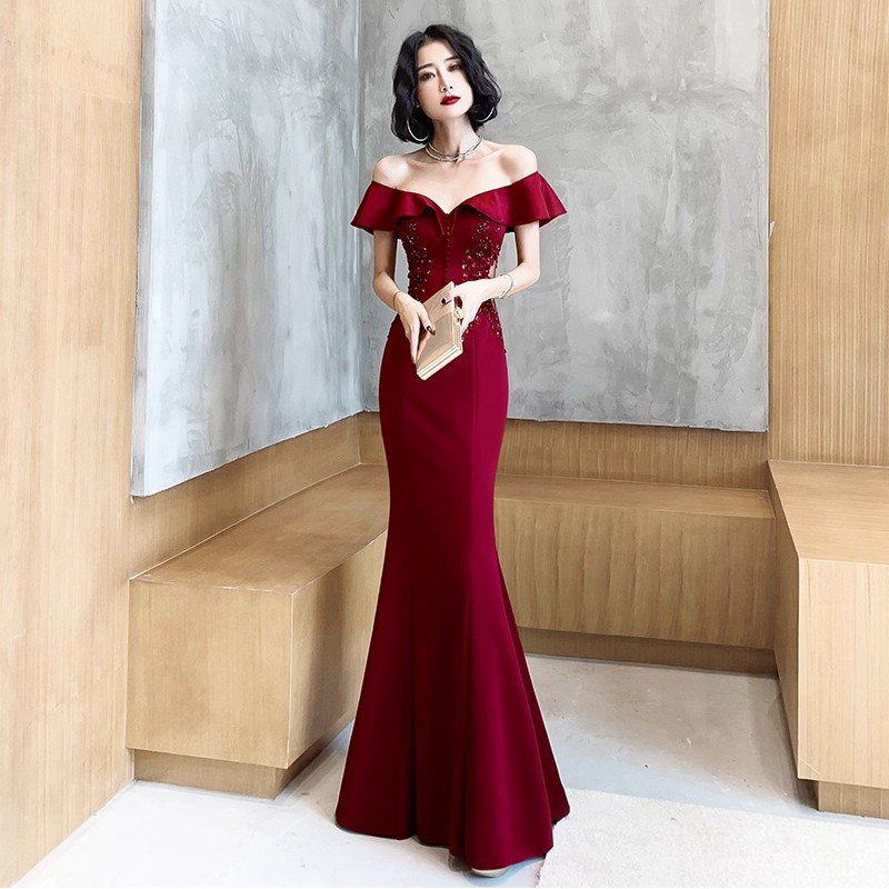 Evening Dress, One-Shoulder, Women's High-End New Style, Luxurious, Niche, High-End Engagement Fishtail Dress, Bride's Toast Dress